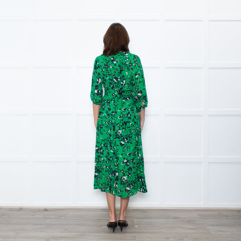 Ba&sh Green Black Floral Silver Lurex Button Up Midi Dress