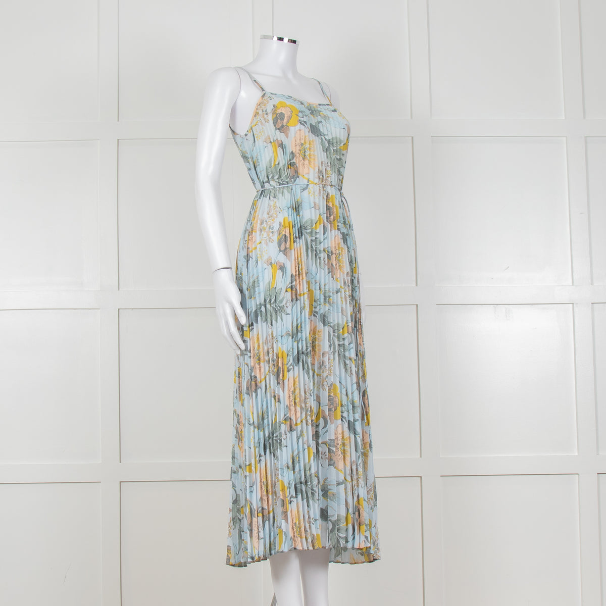 Vince Pale Blue and Green Floral Print Pleated Strappy Dress