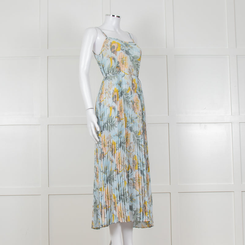 Vince Pale Blue and Green Floral Print Pleated Strappy Dress