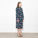 Essential Antwerp Navy Blue Coral Pink Green Floral Belted Shirt Dress
