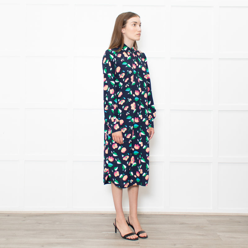 Essential Antwerp Navy Blue Coral Pink Green Floral Belted Shirt Dress