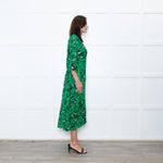 Ba&sh Green Black Floral Silver Lurex Button Up Midi Dress