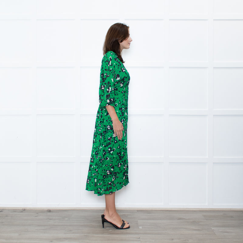 Ba&sh Green Black Floral Silver Lurex Button Up Midi Dress