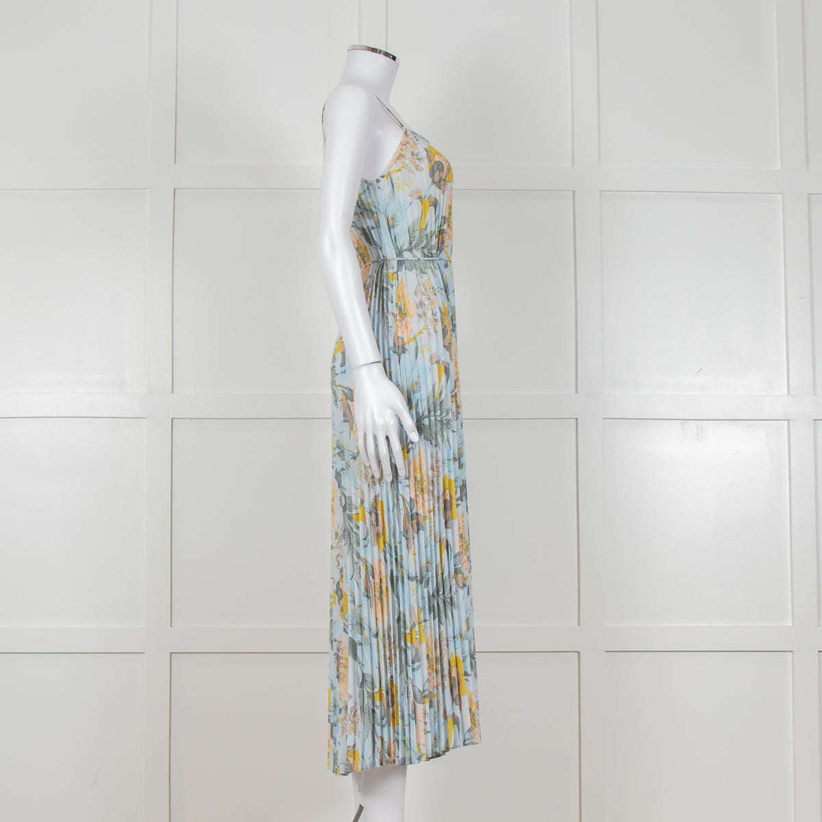 Vince Pale Blue and Green Floral Print Pleated Strappy Dress