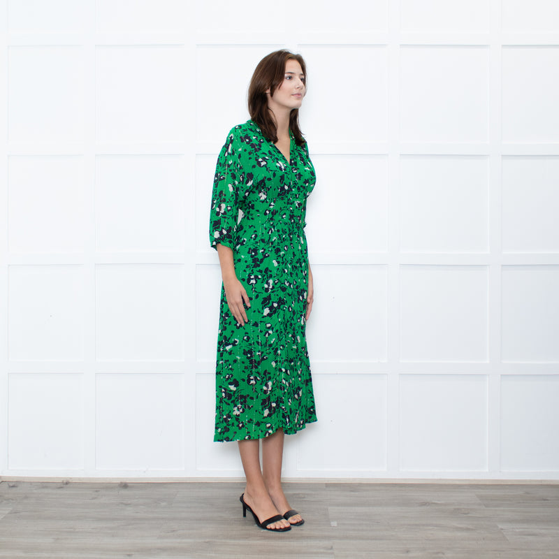 Ba&sh Green Black Floral Silver Lurex Button Up Midi Dress
