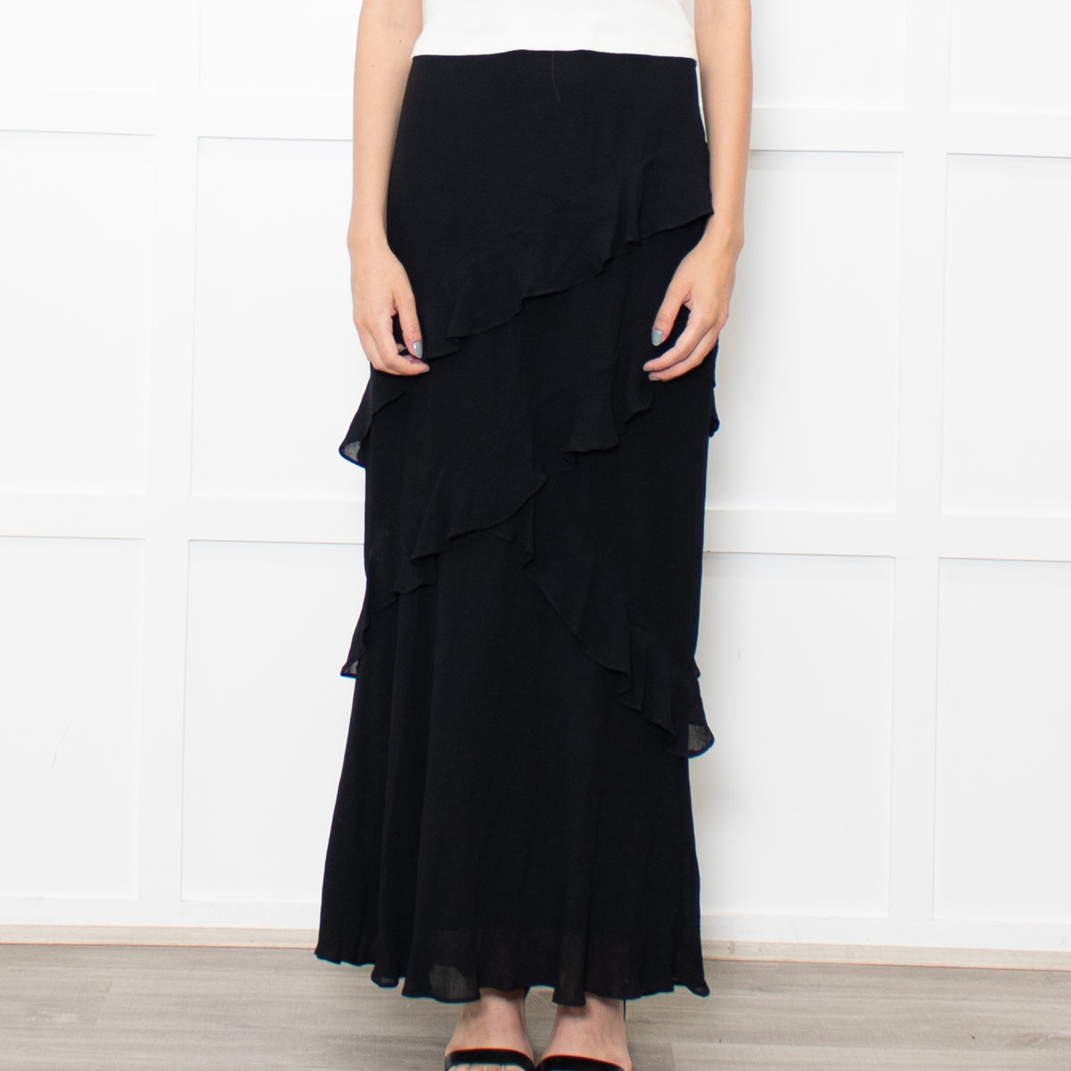 Reformation Black Frill Trim Maxi Skirt