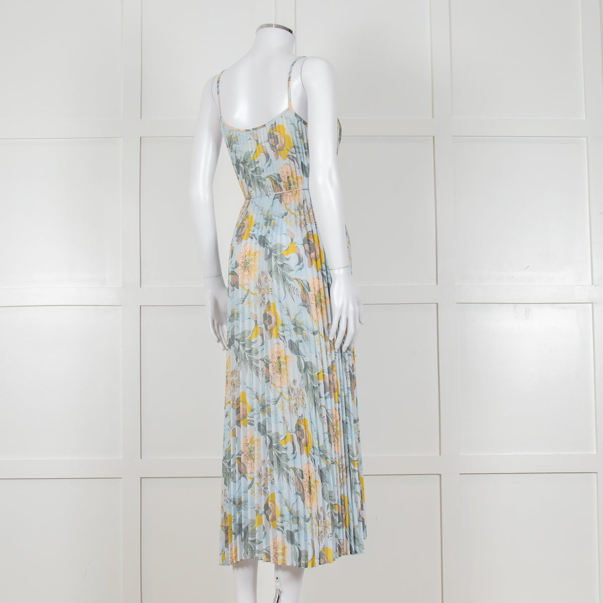 Vince Pale Blue and Green Floral Print Pleated Strappy Dress