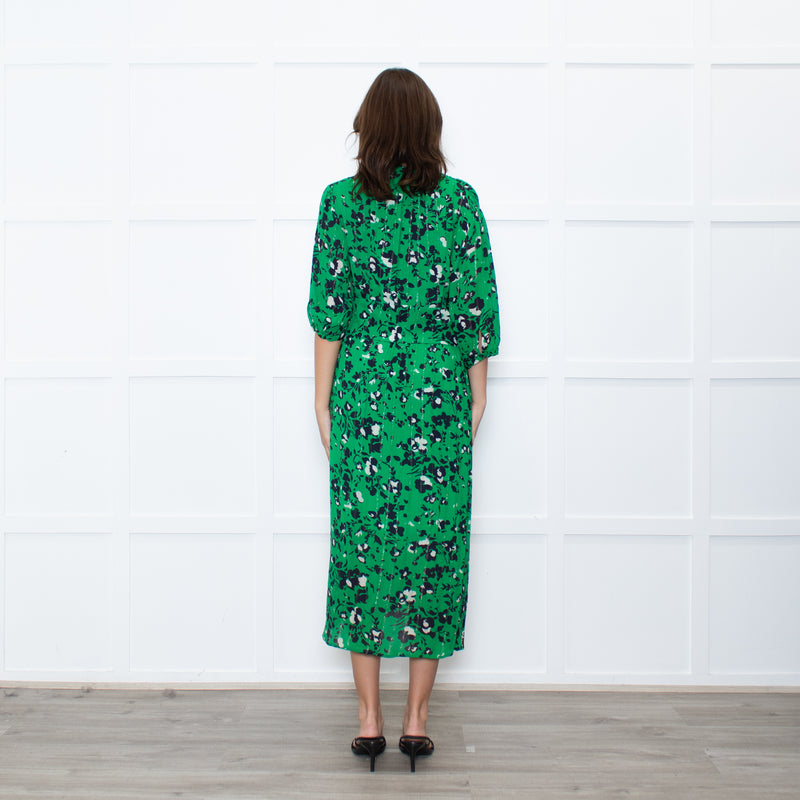 Ba&sh Green Black Floral Silver Lurex Button Up Midi Dress