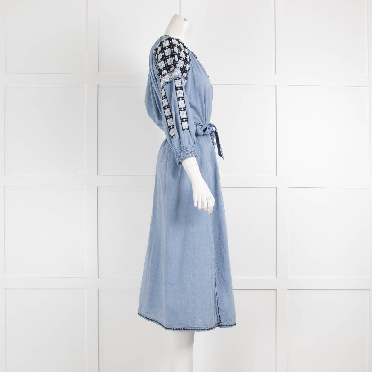 Ulla Johnson Blue White Ethnic Cotton Long Sleeve Dress