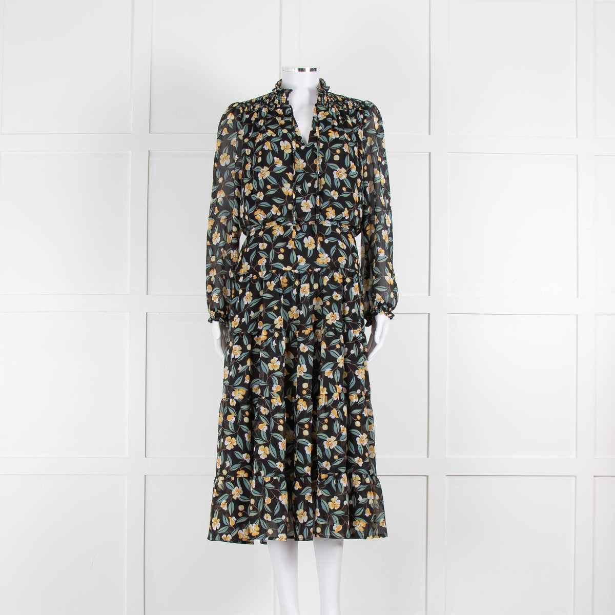 Cefinn Black Midi Dress in Yellow and Green Floral Print