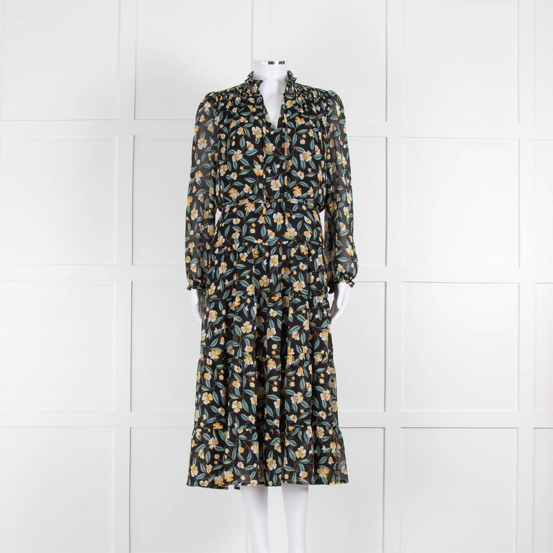 Cefinn Black Midi Dress in Yellow and Green Floral Print