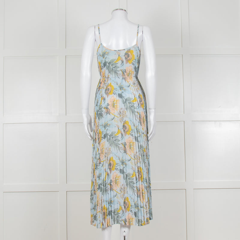 Vince Pale Blue and Green Floral Print Pleated Strappy Dress