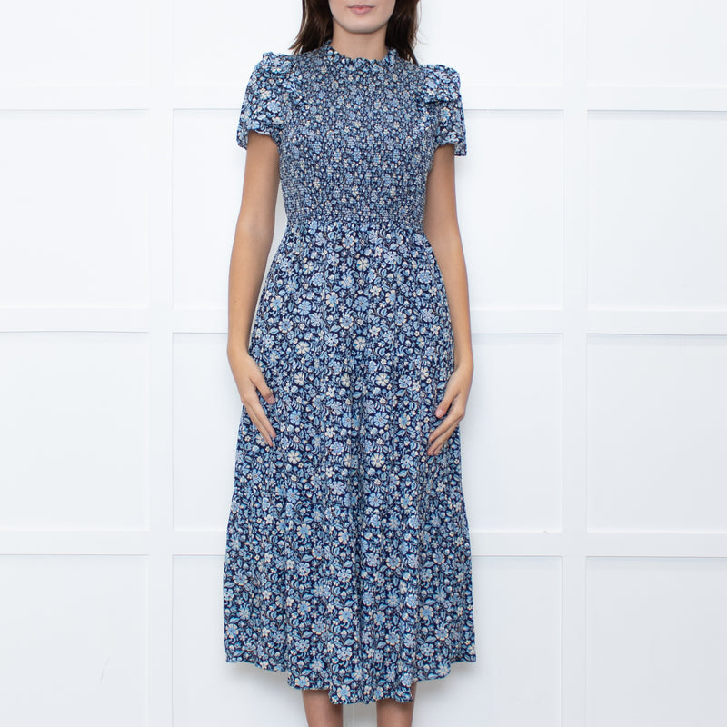 Cefinn Black Blue Floral Tiered Dress
