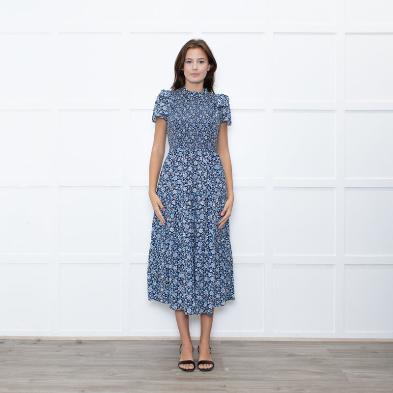 Cefinn Black Blue Floral Tiered Dress