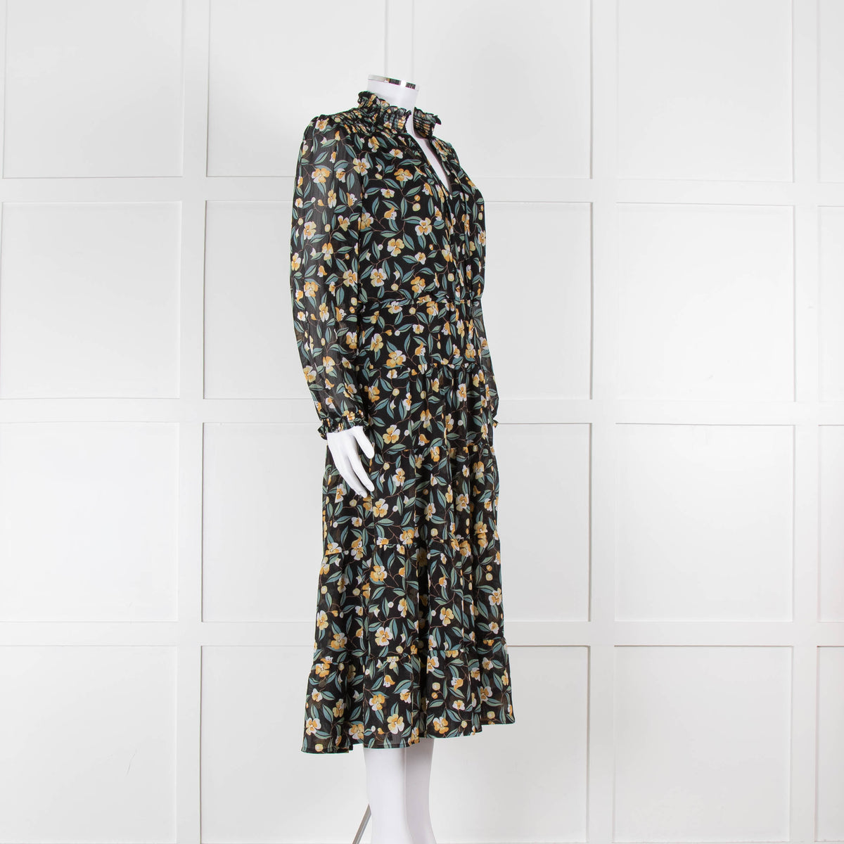 Cefinn Black Midi Dress in Yellow and Green Floral Print