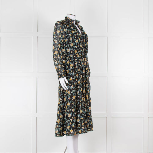 Cefinn Black Midi Dress in Yellow and Green Floral Print