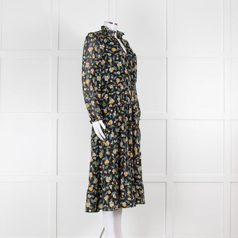 Cefinn Black Midi Dress in Yellow and Green Floral Print
