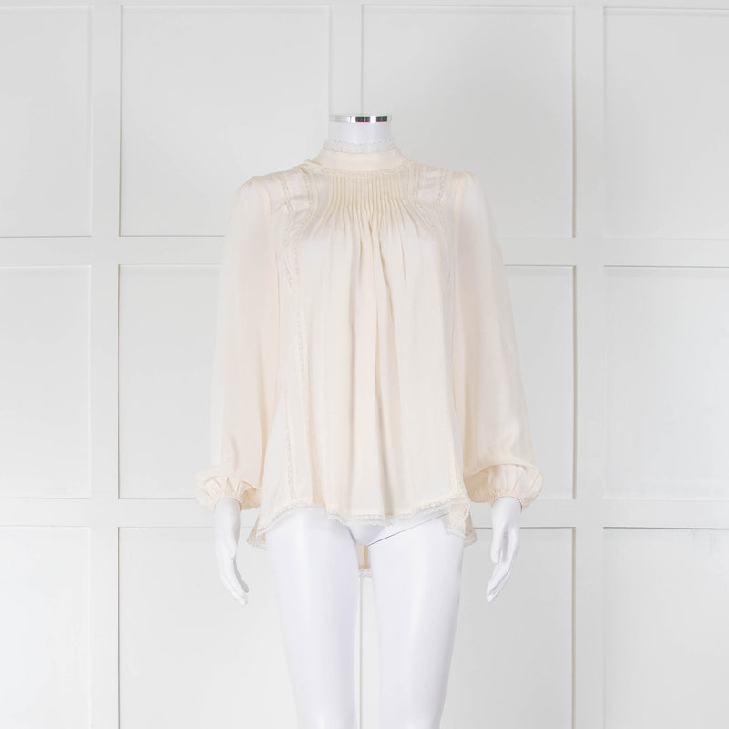 Zimmermann Cream Silk Lace Trim High Neck Zip Back Blouse