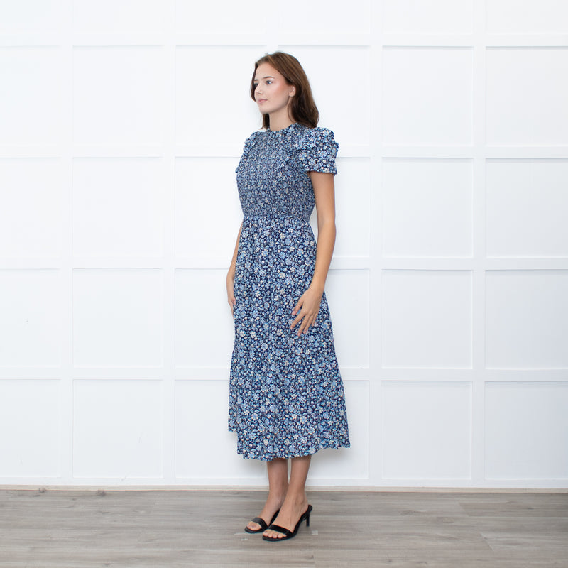 Cefinn Black Blue Floral Tiered Dress