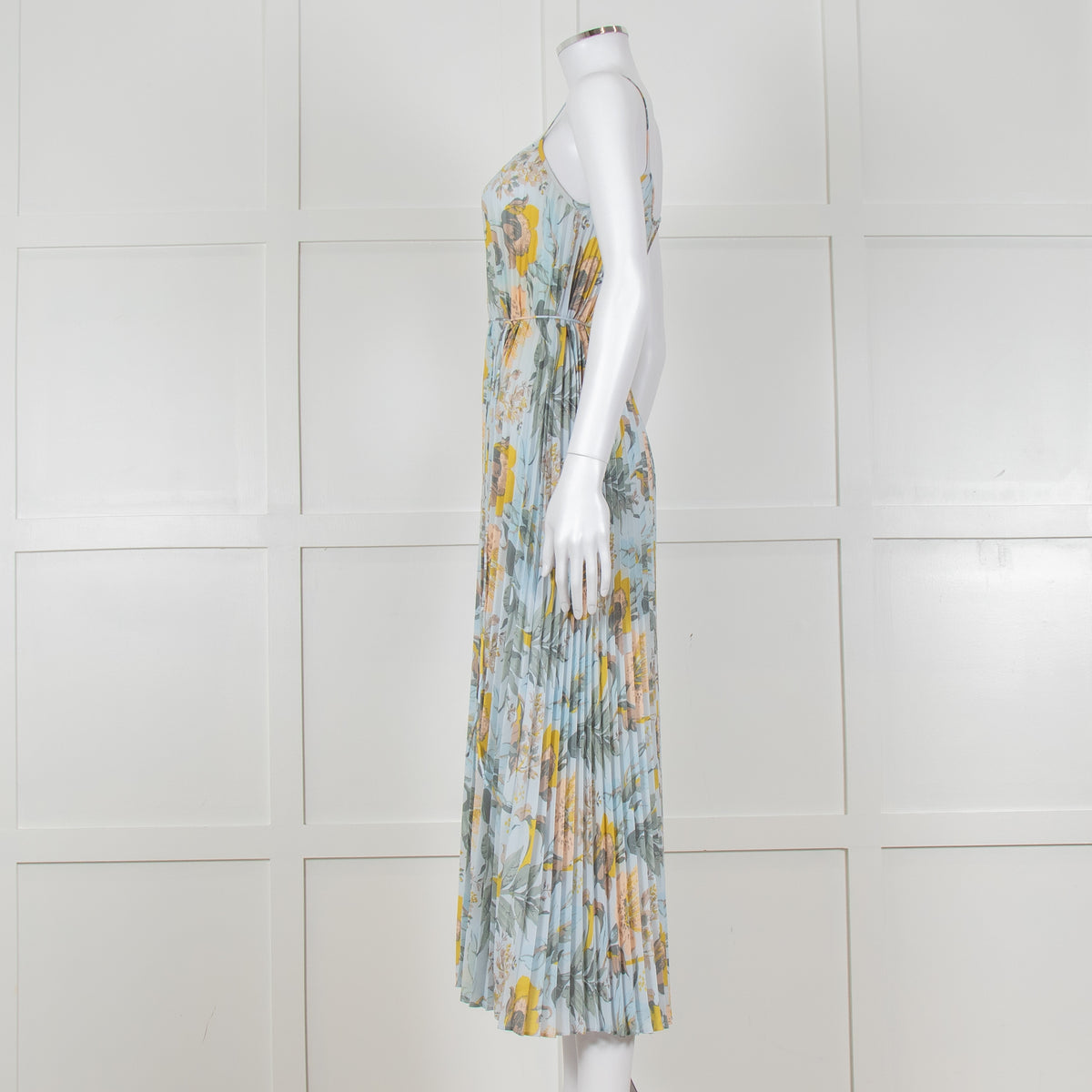Vince Pale Blue and Green Floral Print Pleated Strappy Dress