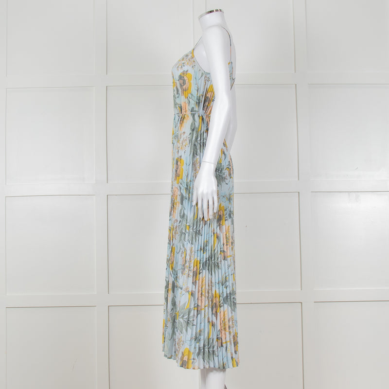 Vince Pale Blue and Green Floral Print Pleated Strappy Dress