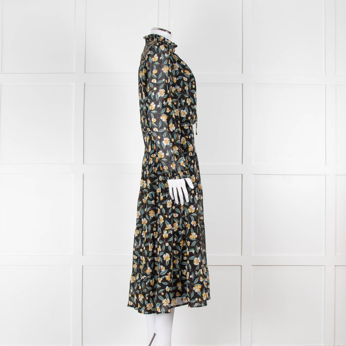 Cefinn Black Midi Dress in Yellow and Green Floral Print