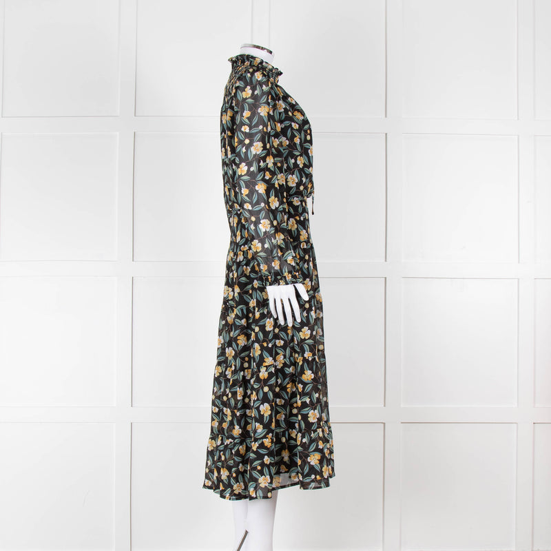 Cefinn Black Midi Dress in Yellow and Green Floral Print