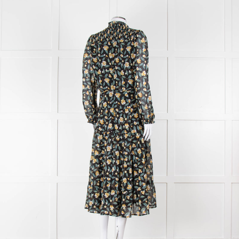 Cefinn Black Midi Dress in Yellow and Green Floral Print