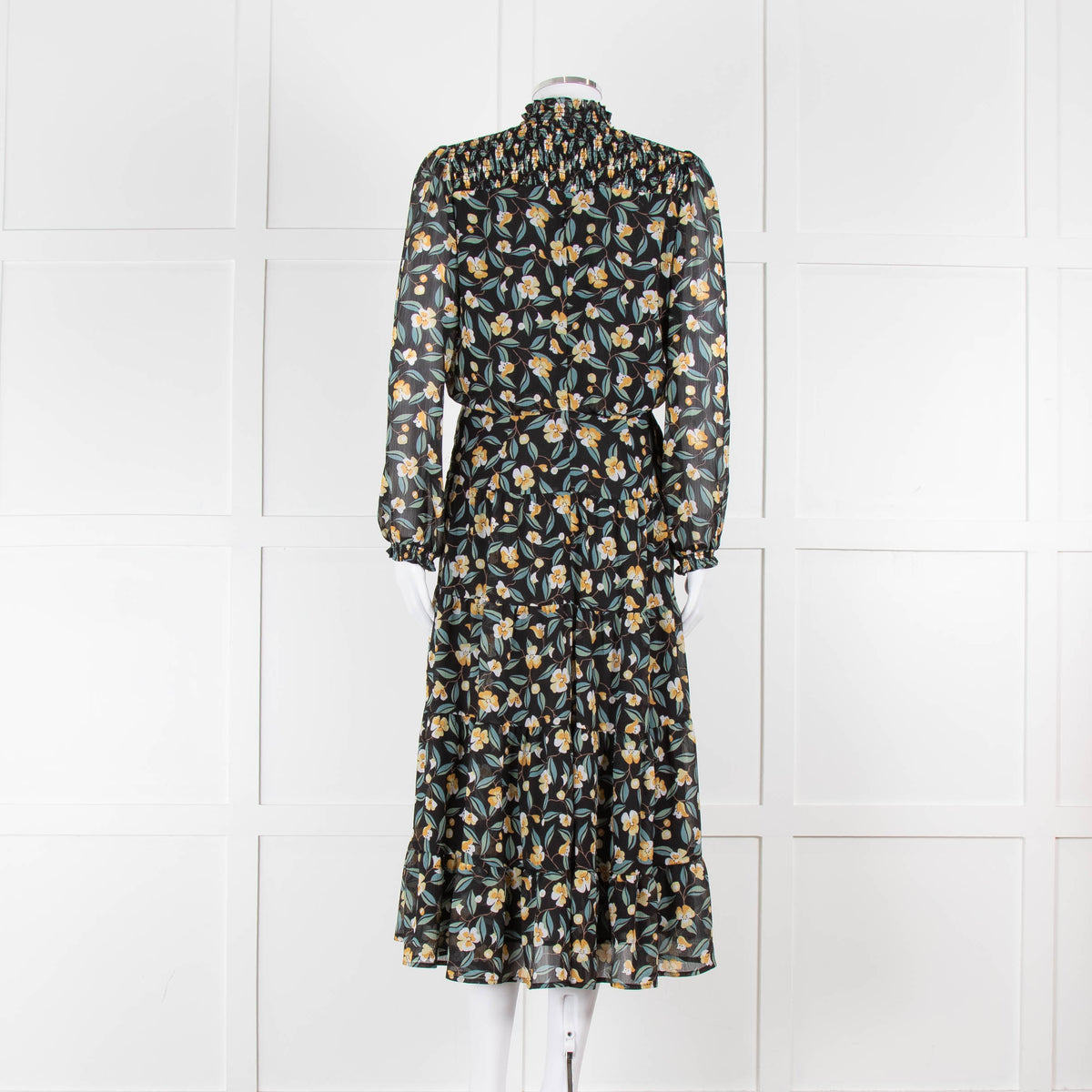 Cefinn Black Midi Dress in Yellow and Green Floral Print