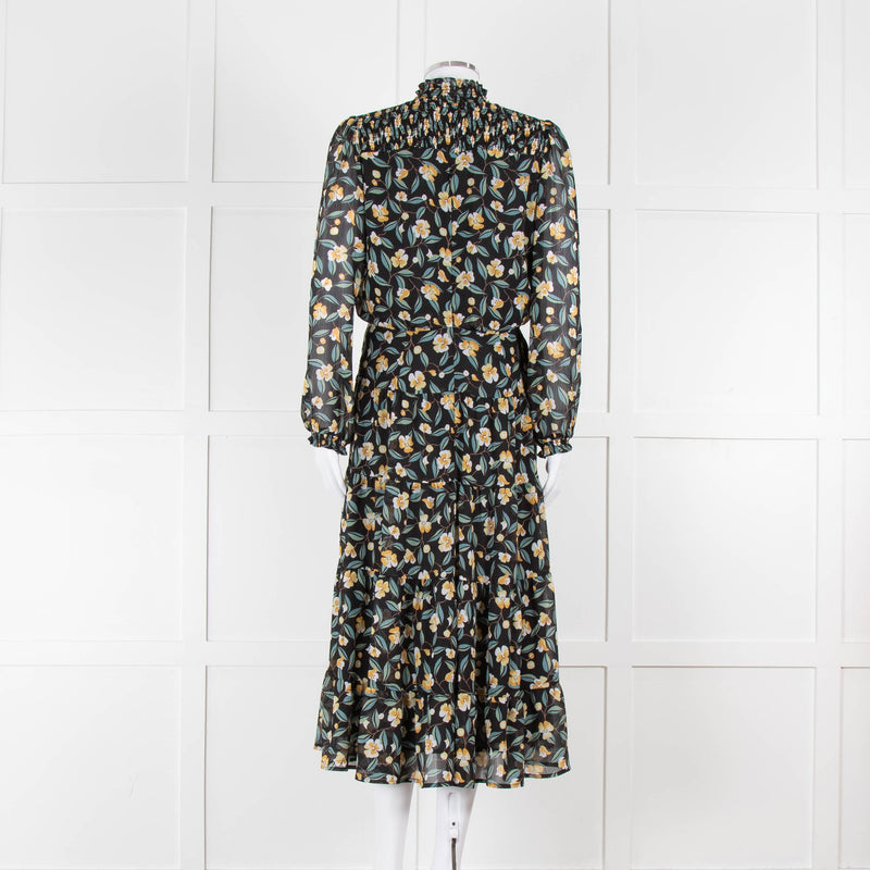 Cefinn Black Midi Dress in Yellow and Green Floral Print