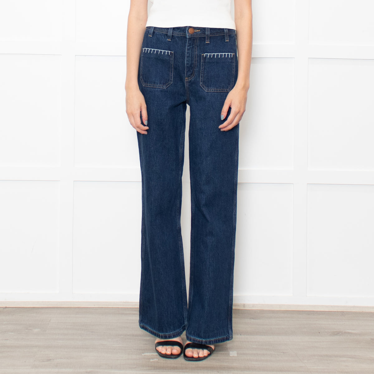 Seventy & Mochi  Blue Denim White Blanket Stitch Trim Pockets Wide Leg Jeans