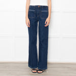 Seventy & Mochi  Blue Denim White Blanket Stitch Trim Pockets Wide Leg Jeans