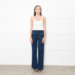 Seventy & Mochi  Blue Denim White Blanket Stitch Trim Pockets Wide Leg Jeans