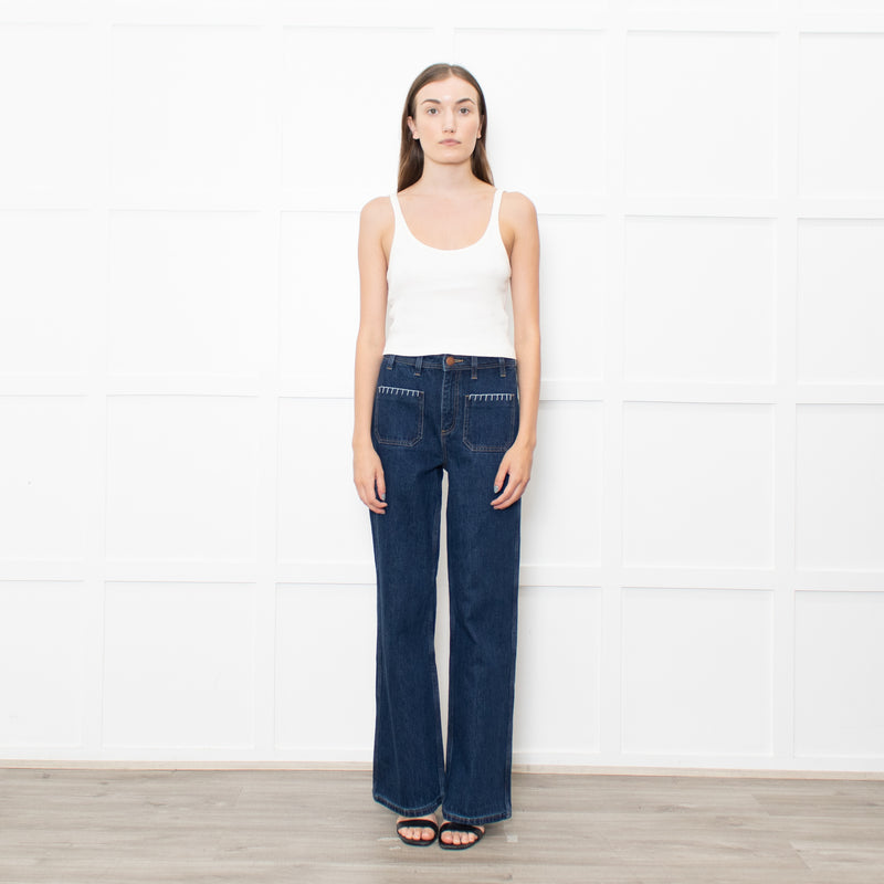 Seventy & Mochi  Blue Denim White Blanket Stitch Trim Pockets Wide Leg Jeans