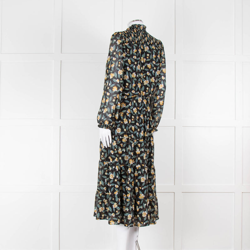 Cefinn Black Midi Dress in Yellow and Green Floral Print