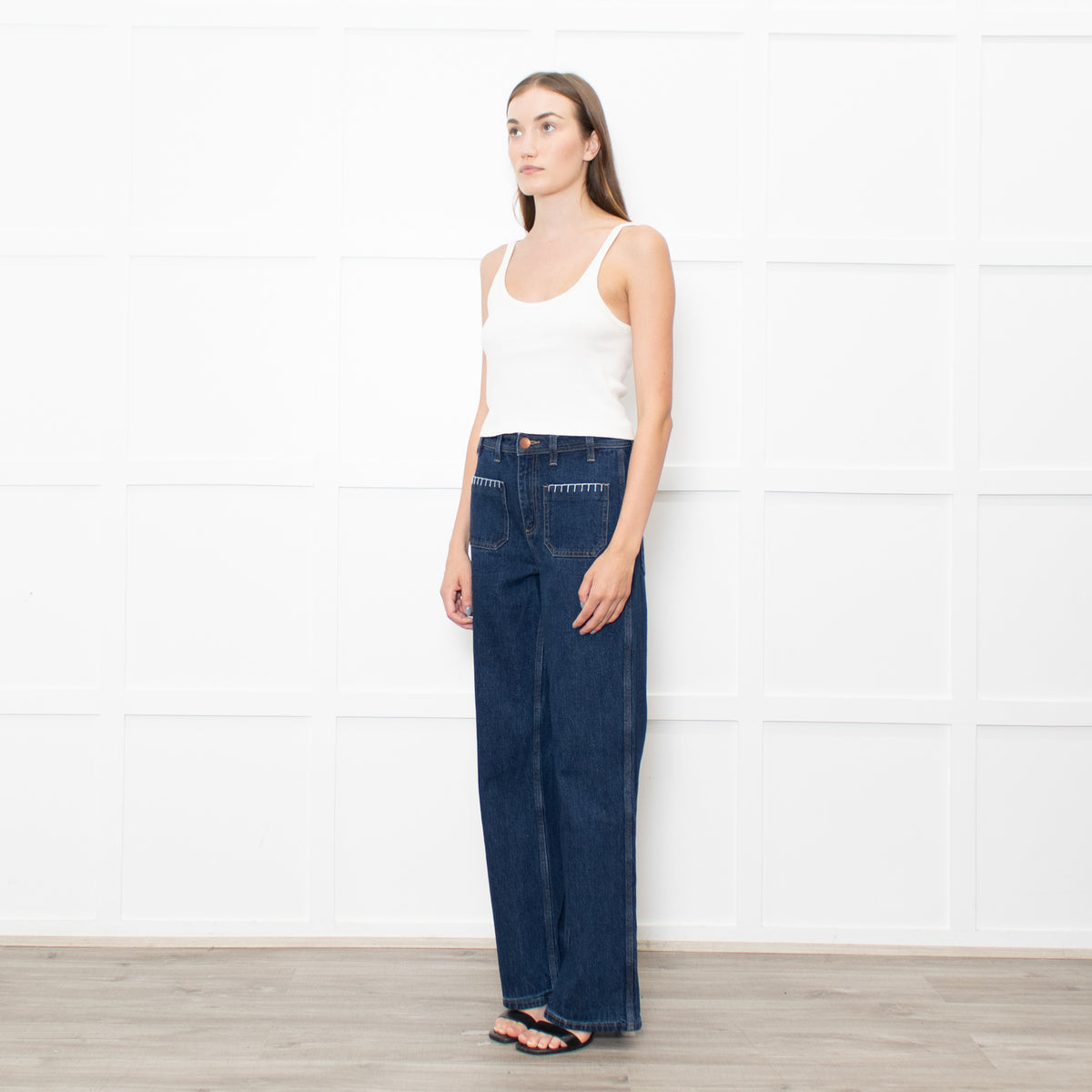 Seventy & Mochi  Blue Denim White Blanket Stitch Trim Pockets Wide Leg Jeans