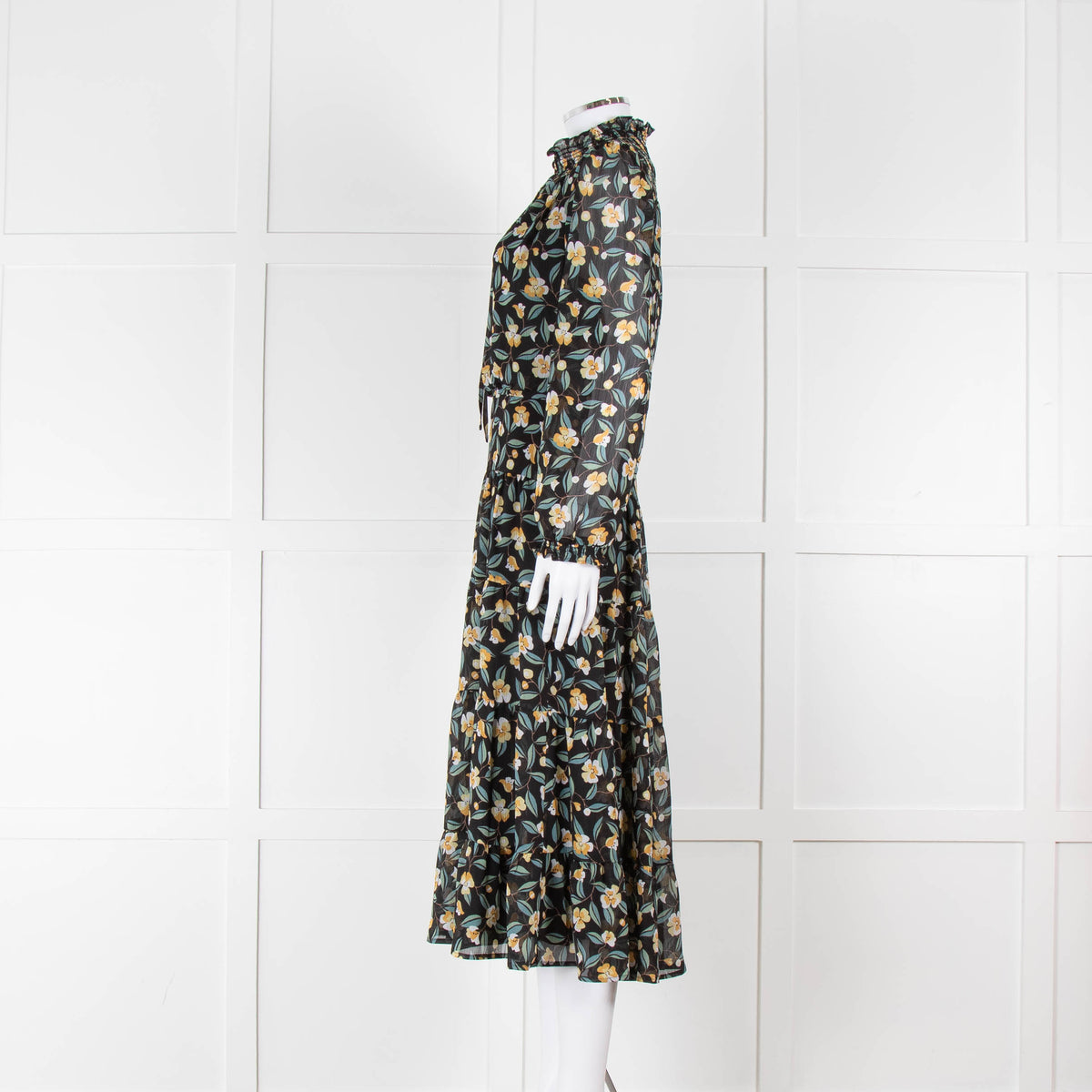 Cefinn Black Midi Dress in Yellow and Green Floral Print