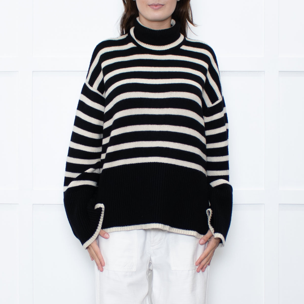 Toteme Black Cream Striped Oversized Rollneck Jumper