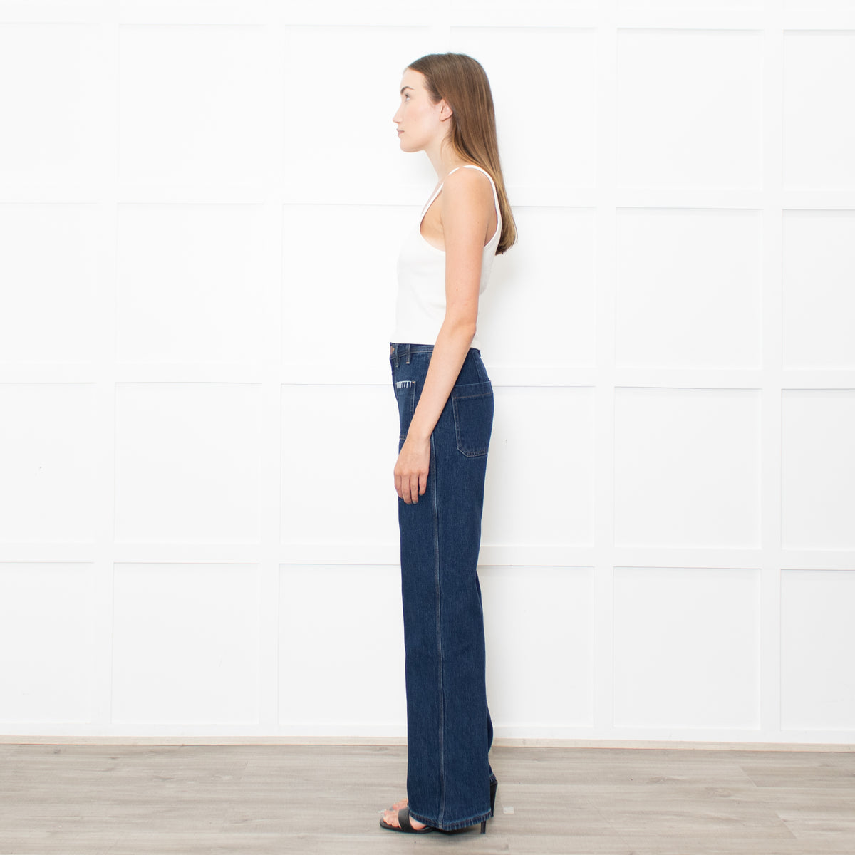 Seventy & Mochi  Blue Denim White Blanket Stitch Trim Pockets Wide Leg Jeans