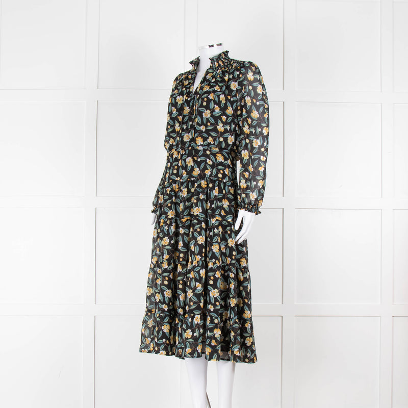Cefinn Black Midi Dress in Yellow and Green Floral Print