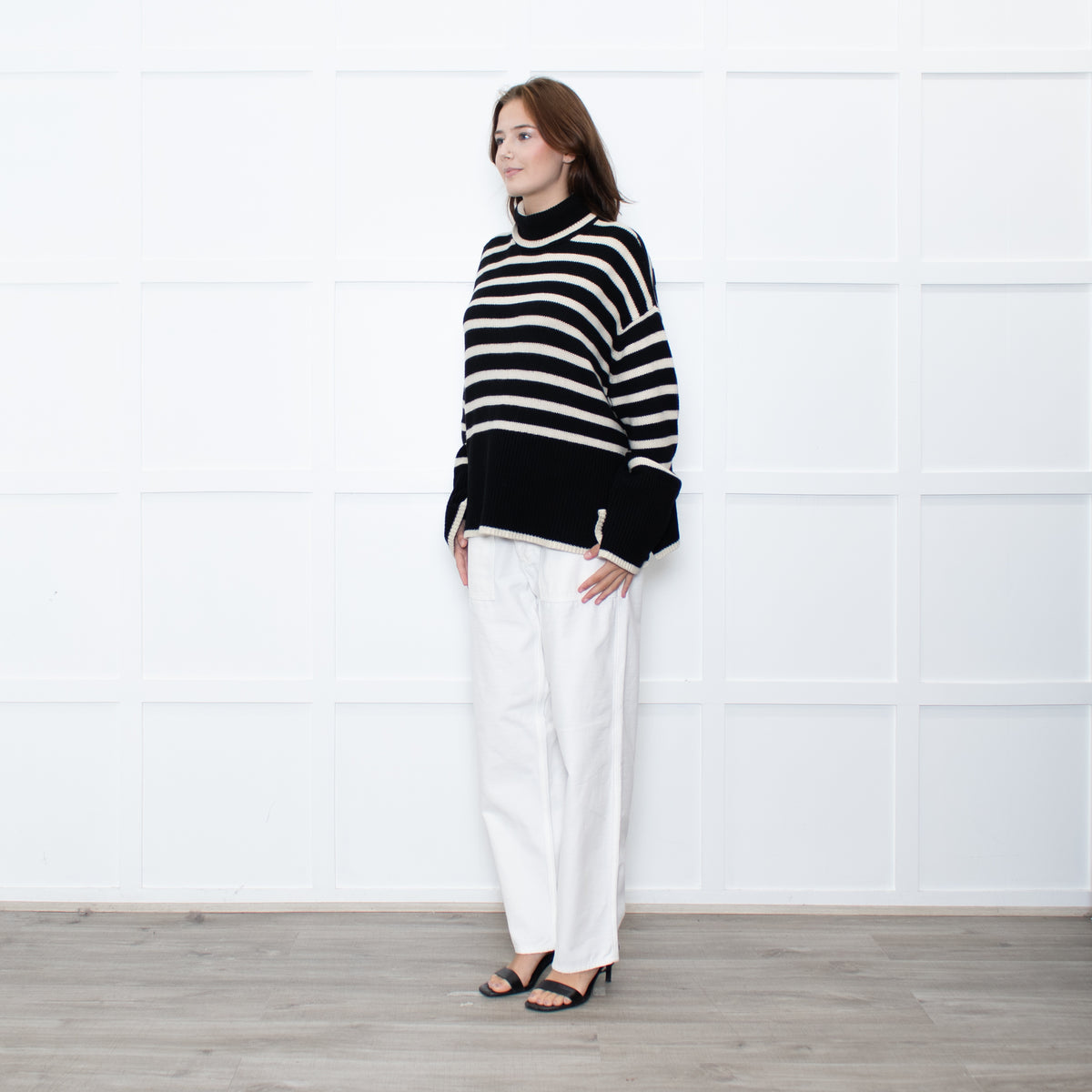 Toteme Black Cream Striped Oversized Rollneck Jumper