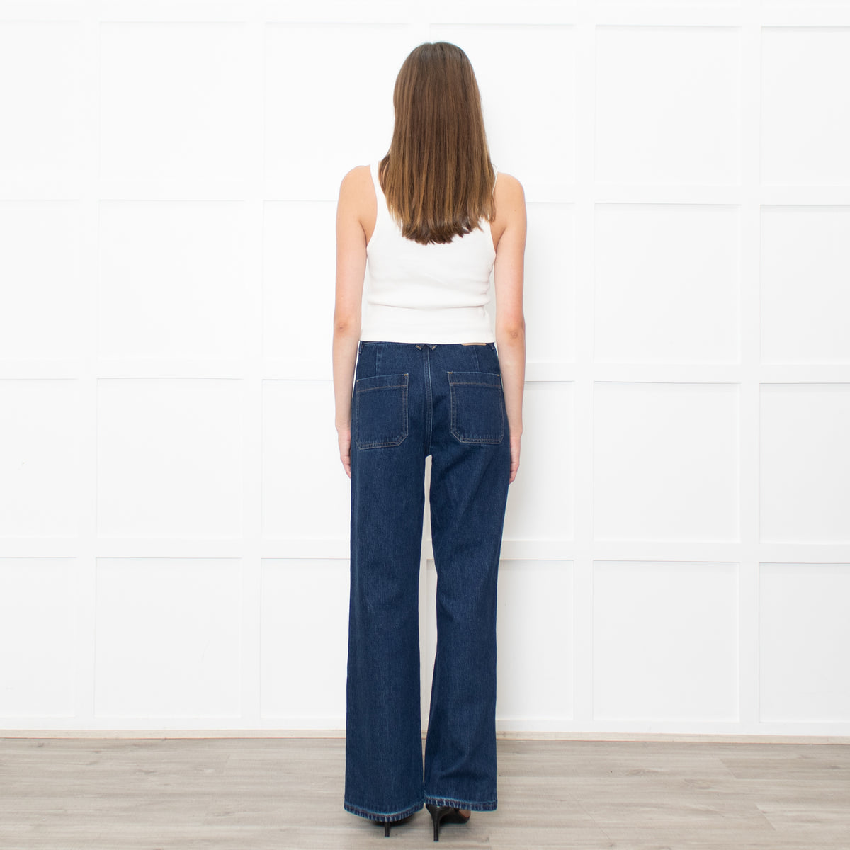 Seventy & Mochi  Blue Denim White Blanket Stitch Trim Pockets Wide Leg Jeans