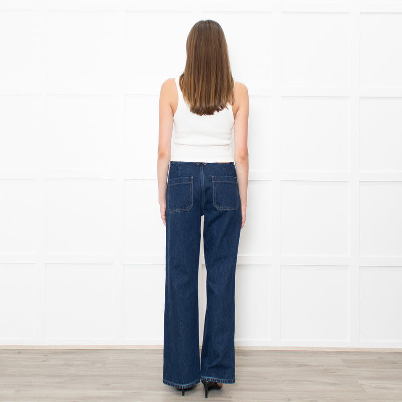 Seventy & Mochi  Blue Denim White Blanket Stitch Trim Pockets Wide Leg Jeans