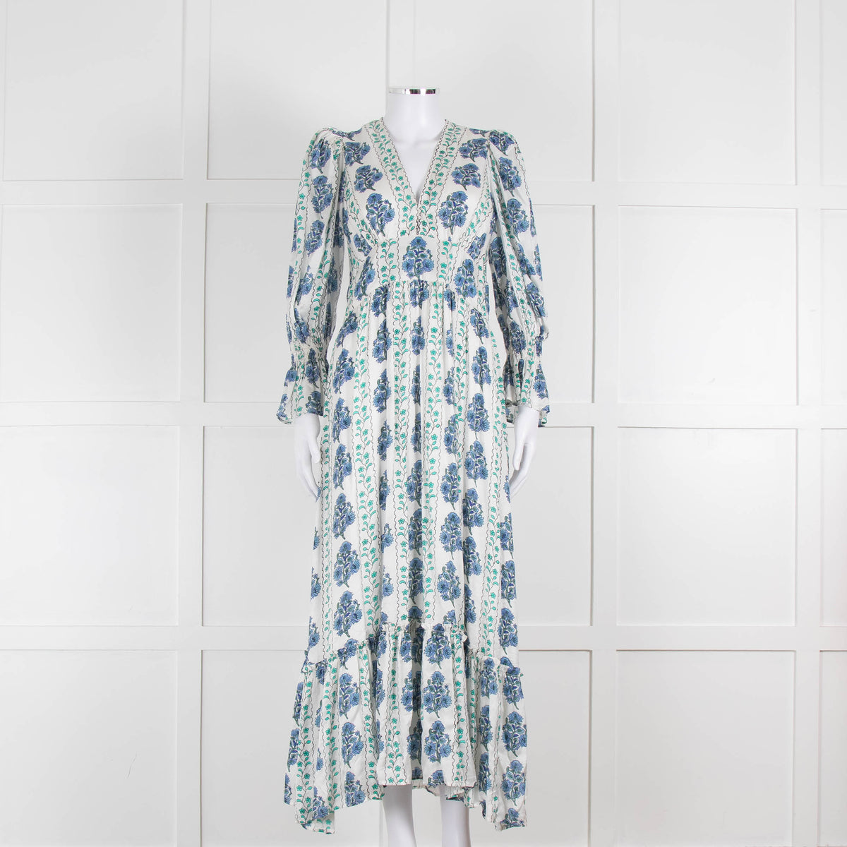 Neve & Noor Sophia Satin Blue and Green Floral Maxi Dress
