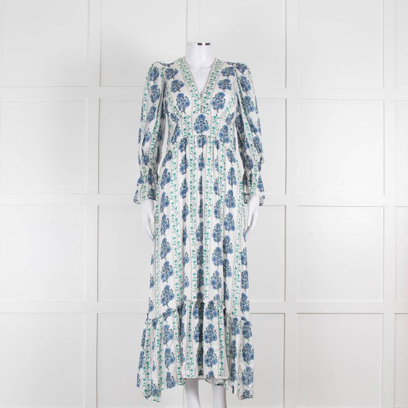 Neve & Noor Sophia Satin Blue and Green Floral Maxi Dress