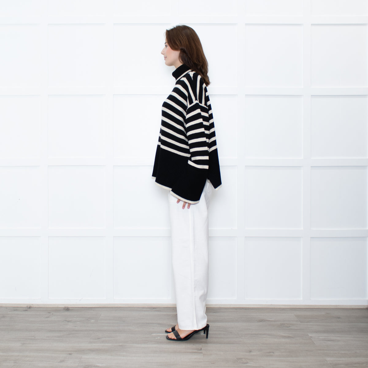 Toteme Black Cream Striped Oversized Rollneck Jumper