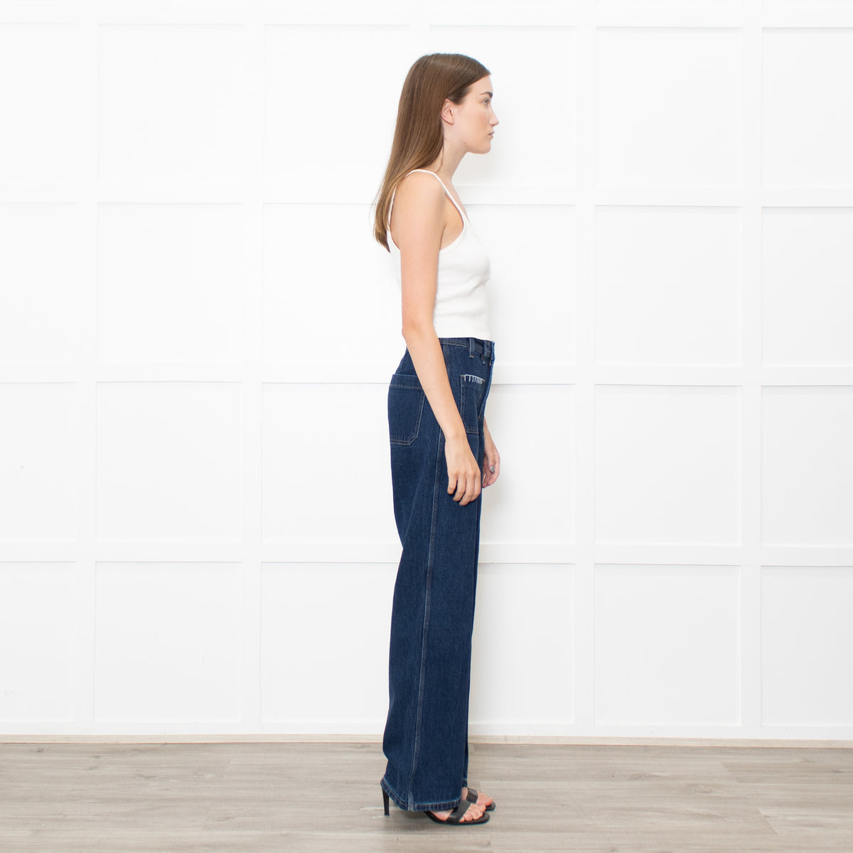 Seventy & Mochi  Blue Denim White Blanket Stitch Trim Pockets Wide Leg Jeans