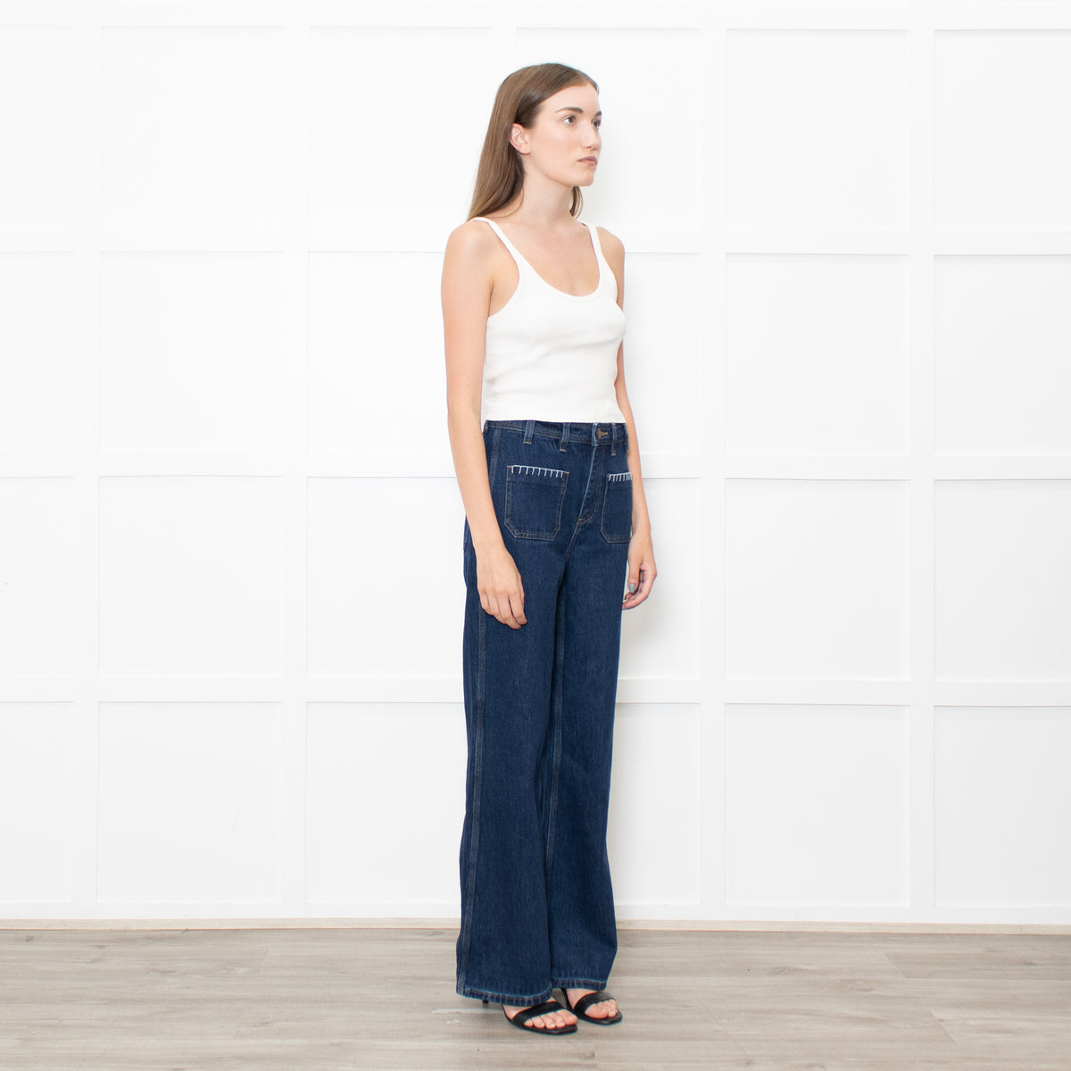 Seventy & Mochi  Blue Denim White Blanket Stitch Trim Pockets Wide Leg Jeans