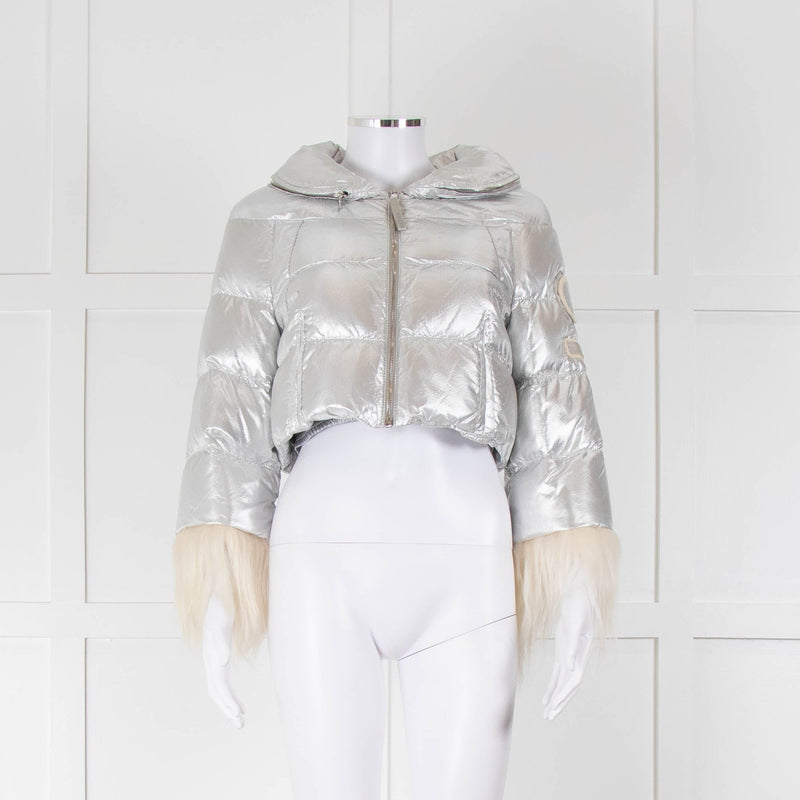 Prada Sport Silver Cropped Fur Trim Sleeve Puffer Jacket