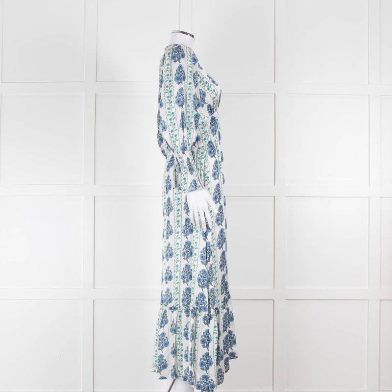 Neve & Noor Sophia Satin Blue and Green Floral Maxi Dress